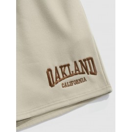 Letter OAKLAND Embroidery Fleece-lined Drawstring Blokecore Sweat Shorts
